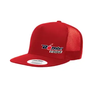 FLAT BILL RED SNAPBACK TRUCKER HAT WITH BOMBER LOGO FLAT BILL RED SNAPBACK TRUCKER HAT WITH BOMBER LOGO