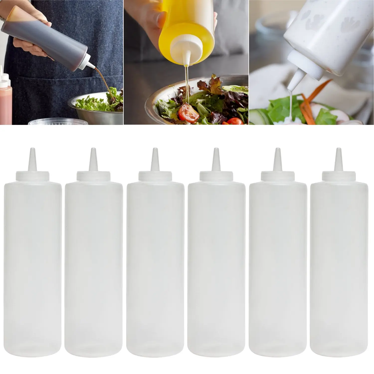 6 Pack 24 oz Wide-Mouth Plastic Squeeze Bottles - Kitchen Gadgets Utensils Dispensers Set for Sauces, Ketchup, Olive Oil