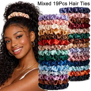 19Pcs Satin Hair Elastics Set - Multi-Color Thin Scrunchies | Assorted Colors Stretchy Hair Ties for Women & | Value Pack Hair Accessories