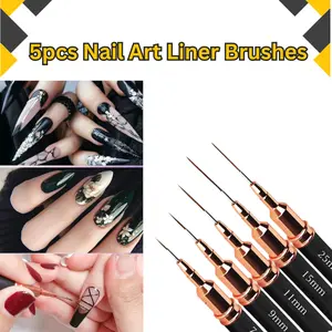 5 PCS Nail Art Liner Brushes Set for Nails – Gel Nail Painting Design Brushes, Nail Dotting & Drawing Tools for Fine Lines, Thin Details, Long Line Art, Black Easter Gift