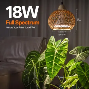 Bstrip 18W Hanging Grow Light with Timer & Rattan Shade – Full Spectrum for Indoor Plants