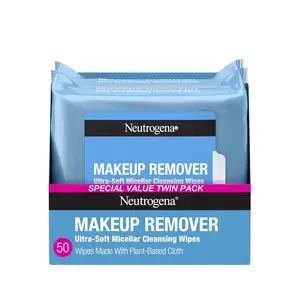 Makeup Remover Wipes Micellar Alcohol-Free Face Towelettes Remove Waterproof Mascara & Oil, Compostable 100% Plant-Based Cloth, Dermatologist & Ophthalmologist Tested, Twin Pack 2 X 25 Ct Neutrogena Corporation