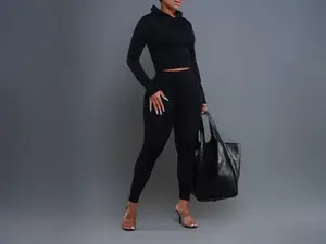 Swank A Posh Womens Solid Semi Cropped Hoodie & High Waist Seamless Leggings Two-Piece Pants Set Casual Long Sleeve Hooded Seamless Sweatshirt and Pants for All Seasons Womenswear Clothes for Daily Wear and Errands Hair Appointment Clothes No 002