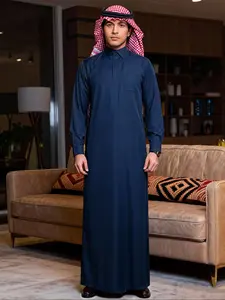 Men's Arabic Traditional Clothing, Deep Blue Stand Collar Long Robe, Elegant Style, Eid Al-Fitr Festival Wear, Fitted Design, Authentic Saudi Thobe