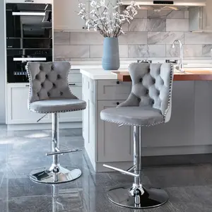 Velvet Bar Stool Set of 2, Adjustable Swivel Bar Stools with Silver Plated Metal Leg, Button Tufted, Footrest, Chrome Nailhead, Counter Height Chair for Kitchen, Bar, Dining Room (Grey)