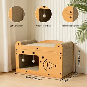 Cardboard Cat Scratcher House - Fishbone Cutout, Interactive Cave with Ball Toys, Furniture-Saving Multi-Surface Scratching Bed for Indoor Cats