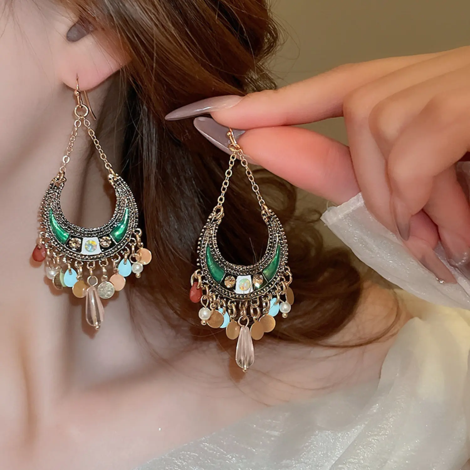 Bohemian ethnic style fringed earrings vacation travel photography atmosphere ear hook niche fashion versatile earrings,summerwins