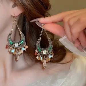 Bohemian ethnic style fringed earrings vacation travel photography atmosphere ear hook niche fashion versatile earrings
