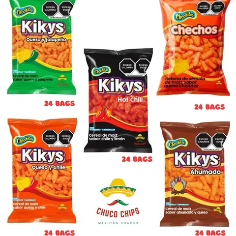 Kikys Chechitos Botaneros . Individual bags. Each bag comes with 24 individual bags. Choose from Chechos Cheddar flavor, Kikys Hot Chile, Kikys Queso Jalapeño , Kikys Cheddar, and Kikys Ahumados. Authentic Mexican snacks .