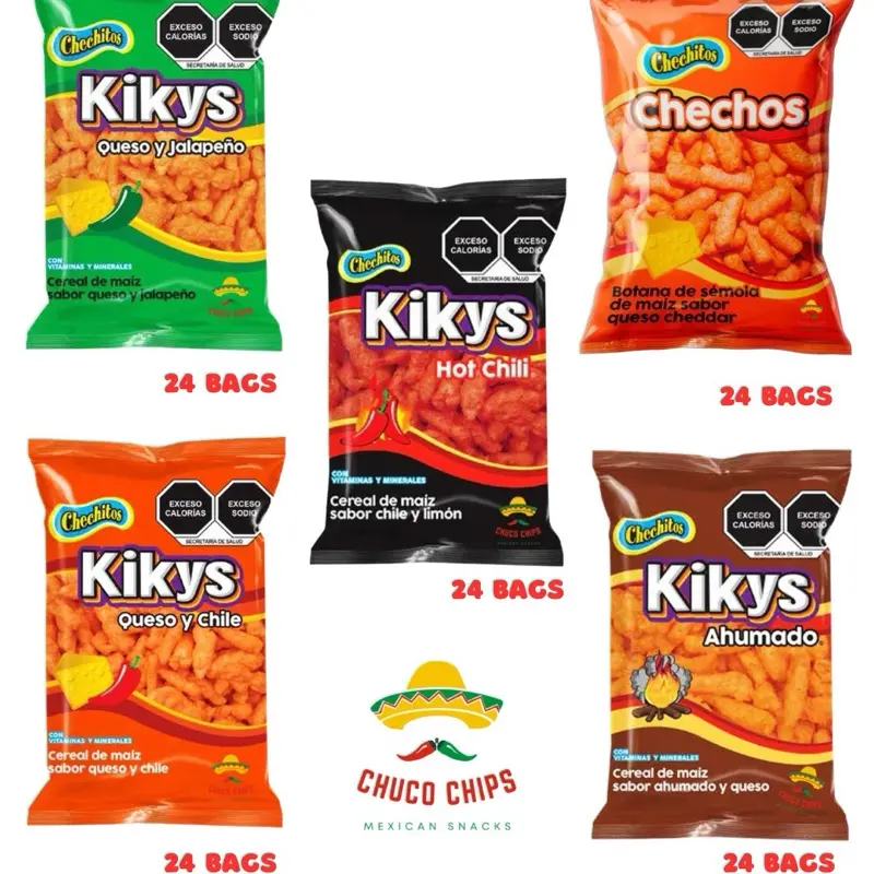 Kikys Chechitos Botaneros . Individual bags. Each bag comes with 24 individual bags. Choose from Chechos Cheddar flavor, Kikys Hot Chile, Kikys Queso Jalapeño , Kikys Cheddar, and Kikys Ahumados. Authentic Mexican snacks . Kikys Chechitos Botaneros . Individual bags. Each bag comes with 24 individual bags. Choose from Chechos Cheddar flavor, Kikys Hot Chile, Kikys Queso Jalapeño , Kikys Cheddar, and Kikys Ahumados. Authentic Mexican snacks .