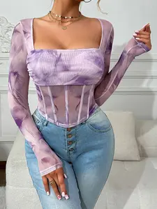 Luxurious Romantic Tie-Dye Fishbone Corset Top, Mauve Mesh Long Sleeve Wedding Party Maid of Honor Dress, Tight-Fitting Bodysuit, Womenswear, Lady