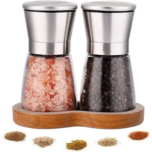 Salt and Pepper Grinder Set with Wooden Standing Tray, Refillable Pepper Mill Set - Brushed Stainless Steel - Short Glass Shakers with Adjustable Coarseness for Peppercorn, Salt or Spice Mills