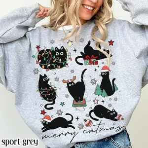 Christmas Cat Sweatshirt Catmas Meow Christmas Tree Light Its Fine Holiday Sweater Funny Kitty Black Cat Xmas Crewneck Festive Kitten Gift