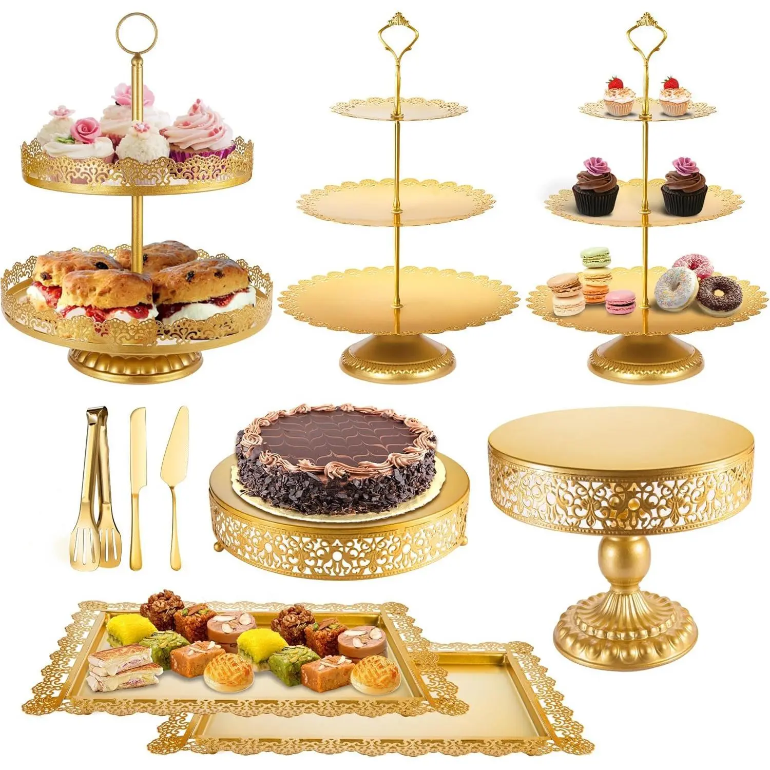 10-Piece Decorative Gold Metal Cake Stand Set - Square Serving Trays, Round Base Cupcake Pop Holder Tower, Stable Dessert Display for Wedding, Birthday