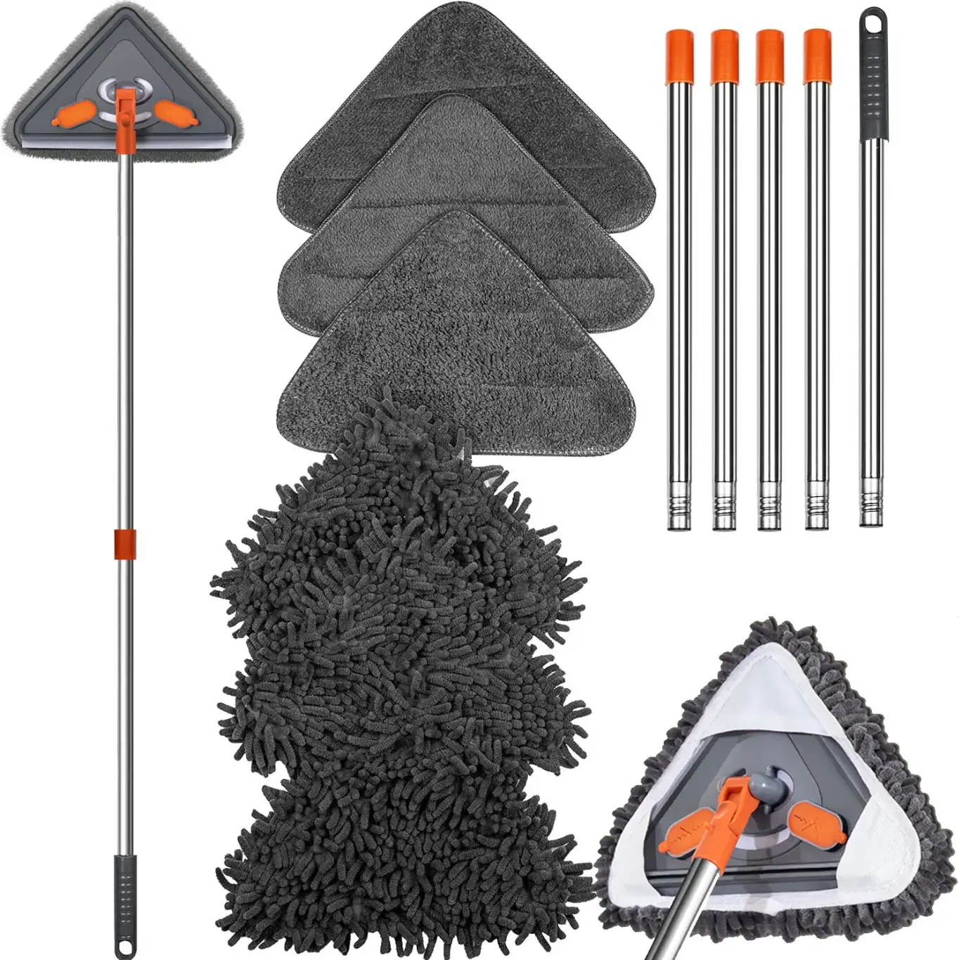 360 Spin Mop, 85 Inch Triangular Telescopic Dust Mop with Washable Pads, Multi-Purpose Cleaning Tool for Ceilings, Walls, Windows, Floors and Auto Detailing