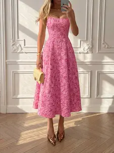 Floreya Summer Wedding Elegant Solid Color French Chic Quality Waist-Cinched Slim Fit Sling Midi Dress, Dusty Rose Party