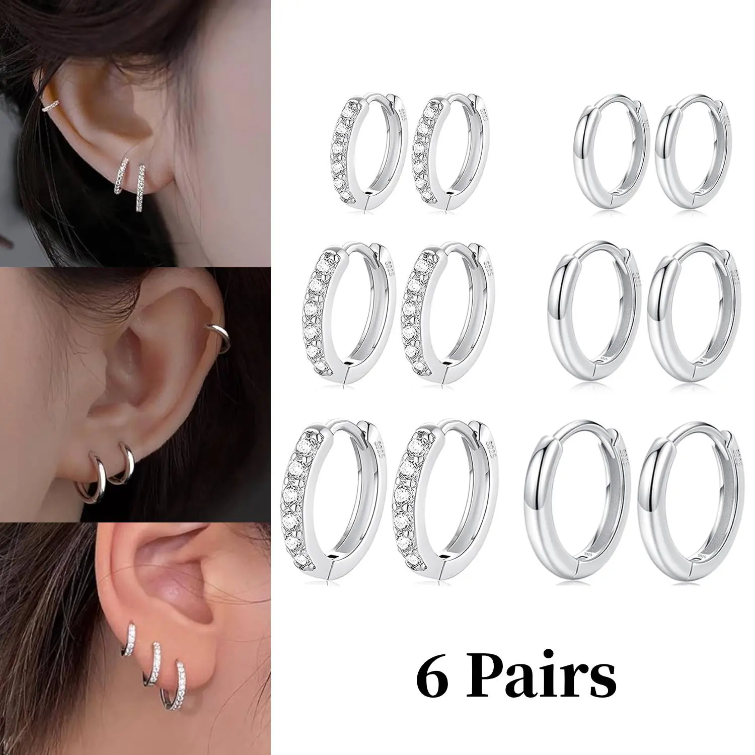 6 Pairs Sterling Silver Small Hoop Earrings for Women, Sliver Hypoallergenic Tiny Cubic Zirconia Cartilage Huggie Earring Sets for Multiple Piercing Trendy Jewelry 8/10/12mm