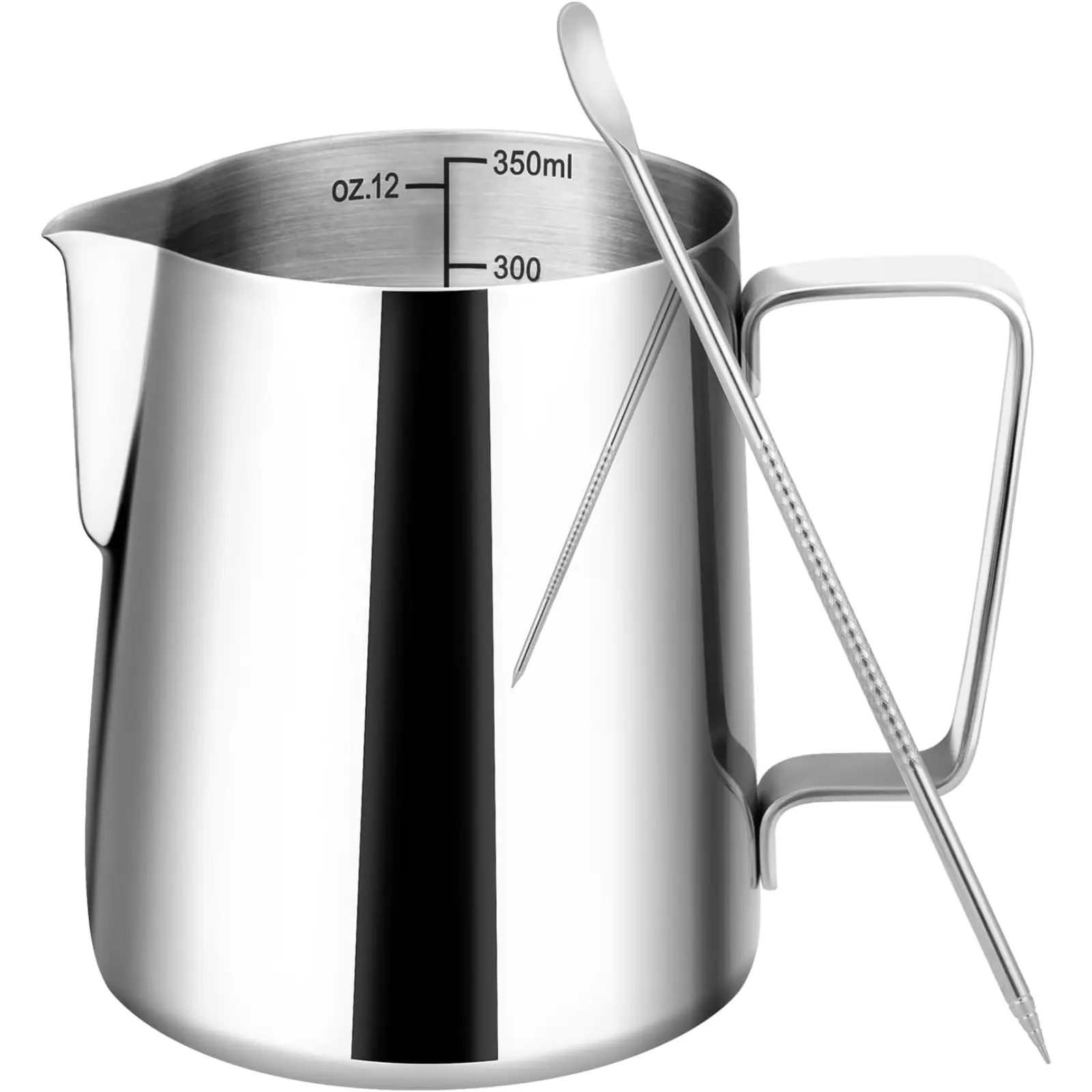 Milk Frothing Pitcher 12oz with Clear Scale 304 Stainless Steel Cappuccino Espresso Machine Accessories for Barista Coffee Bar with Latte Art Pen Silver
