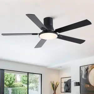 52 inch Mordern Minimalism Black Flush Mount Ceiling Fan with Light and Double-Sized Blades