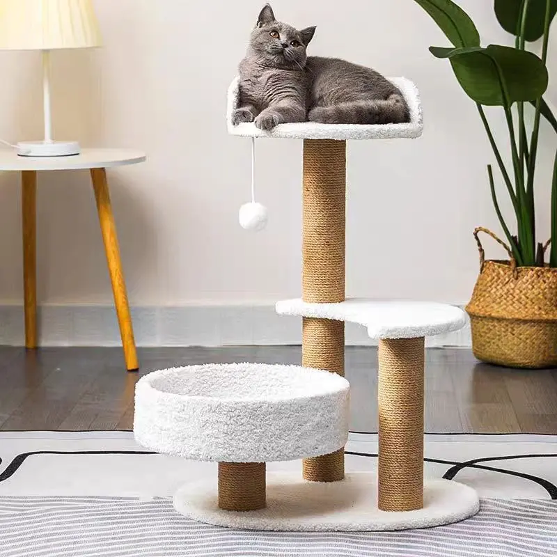 Multi layer climbing cat tower with white sisal rope grab post Vertical Scratcher | Soft floor mat, hanging cat toy, easy to assemble, high load-bearing capacity, suitable for cats of all sizes