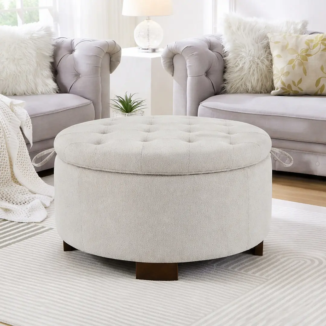 ARCH Round Storage Ottoman with Reversible Lid, Boucle Fabric Upholstered Footstool, Hidden Storage Compartment, Wooden Legs, Dual-Purpose Seat & Side Table for Living Room, Bedroom, Beige, Beige Color Options, Boucle Material, Color: Beige
