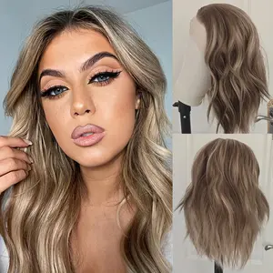 13x4 Free Part HD Lace Frontal Wig Blonde Highlight Ombre Brown Mixed Color Short Wavy Bob Synthetic Lace Front Wig Pre Plucked Hairline 16 Inch Body Wave Wigs 180% Full Density Heat Resistant Fiber for Fashion Women Daily Party Use