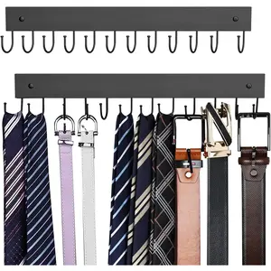 Belt Hanger Wall Mounted, Wooden Belt Organizer 2 Pack Max 24 Storage Capacity, 180° Rotating Space Saving Hangers for Ties, Tank Tops, Scarves, Bras, Keys, Bags Halloween Black