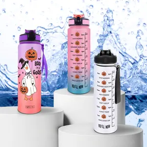 Halloween Themed Motivational 32oz Gradient Color Water Bottle, BPA Free, Leakproof with Hydration Tracking, Perfect for Fitness and Outdoor Adventures