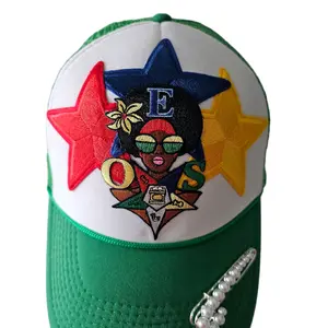 Dope Sister OES Trucker Cap Green & White Unisex Size for Women with Star Embroidery and Pearl Chain