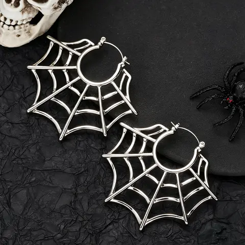 OUFER Web Pattern Stainless Steel Gothic Statement Hoop Shape Earrings - Women's Alt Accessories, Witchy Jewelry for Halloween Costumes, Goth Gift