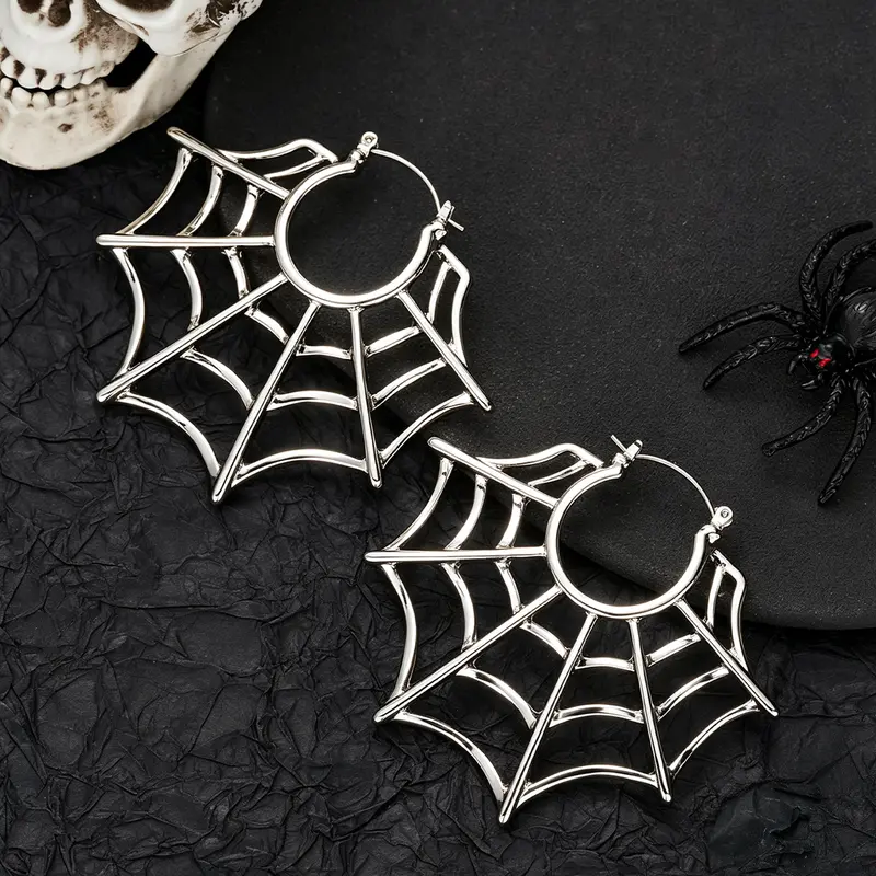 OUFER Web Pattern Stainless Steel Gothic Statement Hoop Shape Earrings - Women's Alt Accessories, Witchy Jewelry for Halloween Costumes, Goth Gift