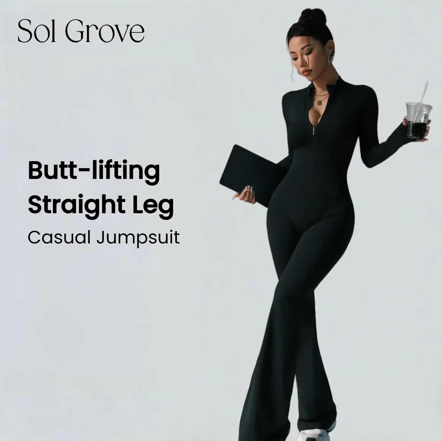 Women's Fashion Sol Grove Sienna Casual Seamless Butt-lifting Overalls Rompers - Nylon Elastic Fabric, Quick Dry, Moisture-Wicking, Front Zip, XL, for Yoga & Sports Jumpsuits for Women