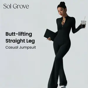 Sol Grove Sienna Casual Jumpsuit Women's Sportswear Seamless Butt-lifting Quick Dry Moisture-Wicking Elastic Fabric For Yoga Comfortable Everyday Wear With Front Zip Womenswear Black Overalls Rompers