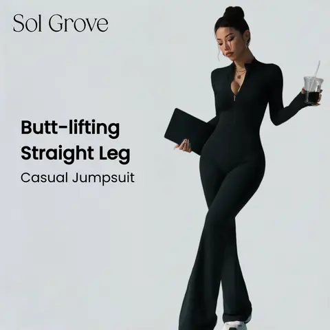 Women's Sol Grove Sienna Fashion Sports Seamless Nylon Full-Length Jumpsuit - Butt-Lifting, Fitted Cut, Front Zip, Quick-Dry, Washable Yoga Activewear for Gym, Outdoors, All-Seasons Casual Overalls, XL