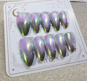 Rayluna #J1068 Aurora Chrome Press-On Nails Purple Green Iridescent Almond Nails Handmade for Stylish Look