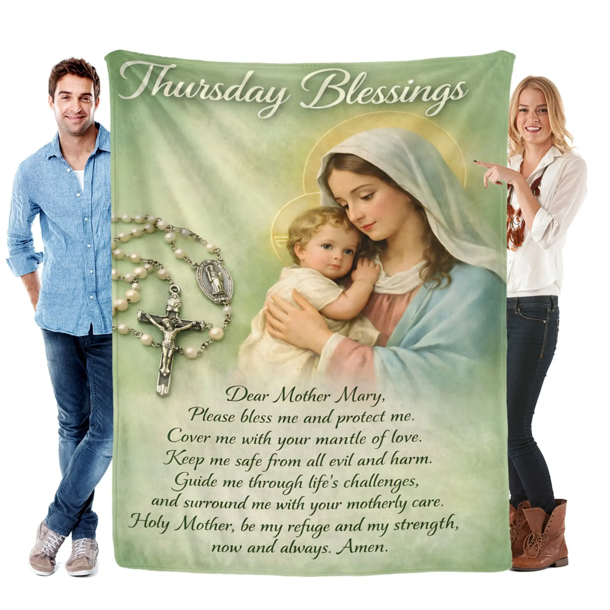 Thursday Blessings Mother Mary Flannel Blanket Baby Jesus Rosary Prayer Quote Print Soft Warm Lightweight Cozy Throw for Bedroom Decor Prayer Room Daily Comfort Spiritual Gift for Catholic Women
