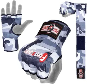 FIGHTSENSE Padded Gel Inner Boxing Gloves for Men and Women with Long Elasticated Hand Wraps for Punching, Boxing, MMA, Muay Thai, Kickboxing and Martial Arts Training (Pair Camo Gray)