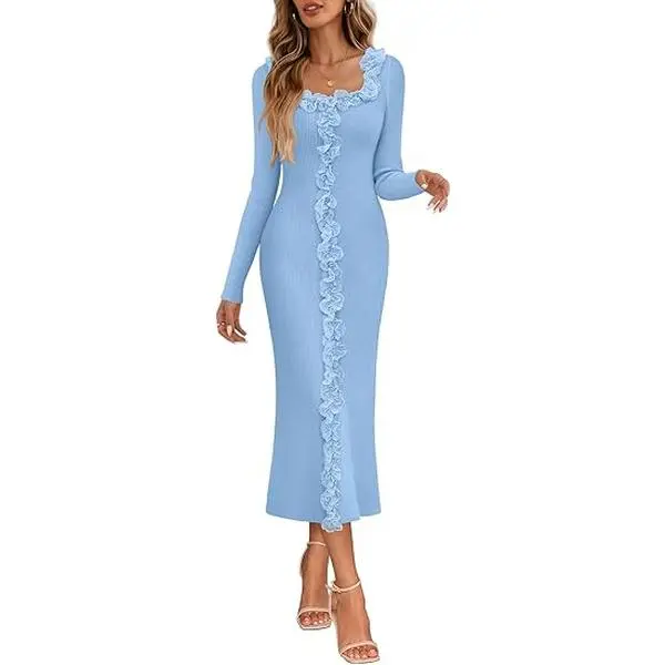 MEROKEETY Women's Fall Long Sleeve Sweater Dress 2025 Bodycon Square Neck Ruffle Ribbed Knit Midi Dresses