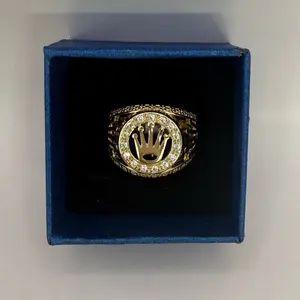 Gold Plated Crown Ring For Men Size 8 9 10 11 with white  Gemstone Accents Statement Rings Elegant Rings