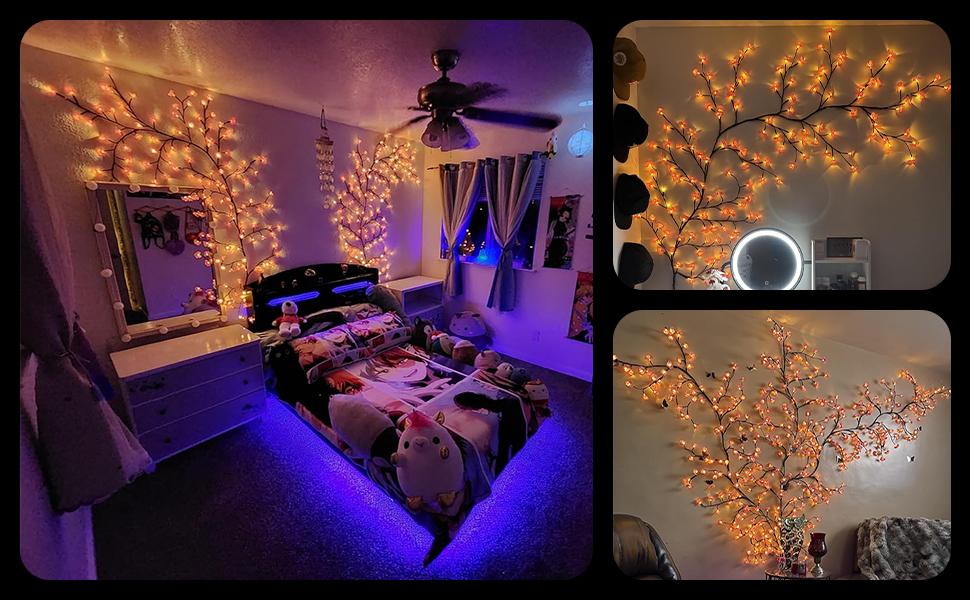 LED Cherry Blossom Tree Branch Mood Lighting - 7.55FT 144LEDs Willow Vine Garland, 1.2m 48leds, 1.6m USB Cable, Timers, Color Changing, 8 Lighting Modes, Remote, Bedroom Indoor Wall Decor for Wedding, Christmas