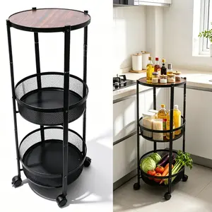 3 Tier Foldable BBQ Side Cart with Lockable Wheels, Heavy Duty Round Rolling Storage Utility Cart, Wooden Tabletop & Mesh Baskets, No Assembly Required Outdoor Grill Prep Station for Patio Kitchen Camping