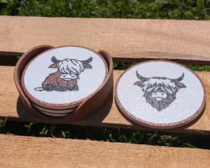 Highland Cow Coaster Set with Holder, Kitchen Tableware Accessory