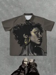 Men's Regular Fit Abstract Face Print Zipper Polo Shirt, Classic Trendy Casual Long Sleeve Collared Top for Spring & Fall, Fashion Men's Clothes for Daily Wear