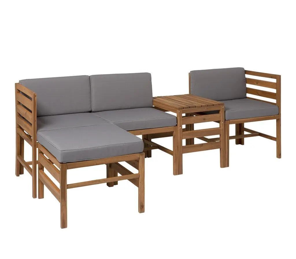 Walker Edison 5-Piece Modular Acacia Outdoor Patio Furniture Set, Brown Eco-Friendly 2-Toned Cabana Style L-Shaped Couch with 77% Polyurethane Foam for Backyard Relaxation, Balcony Outdoor Use