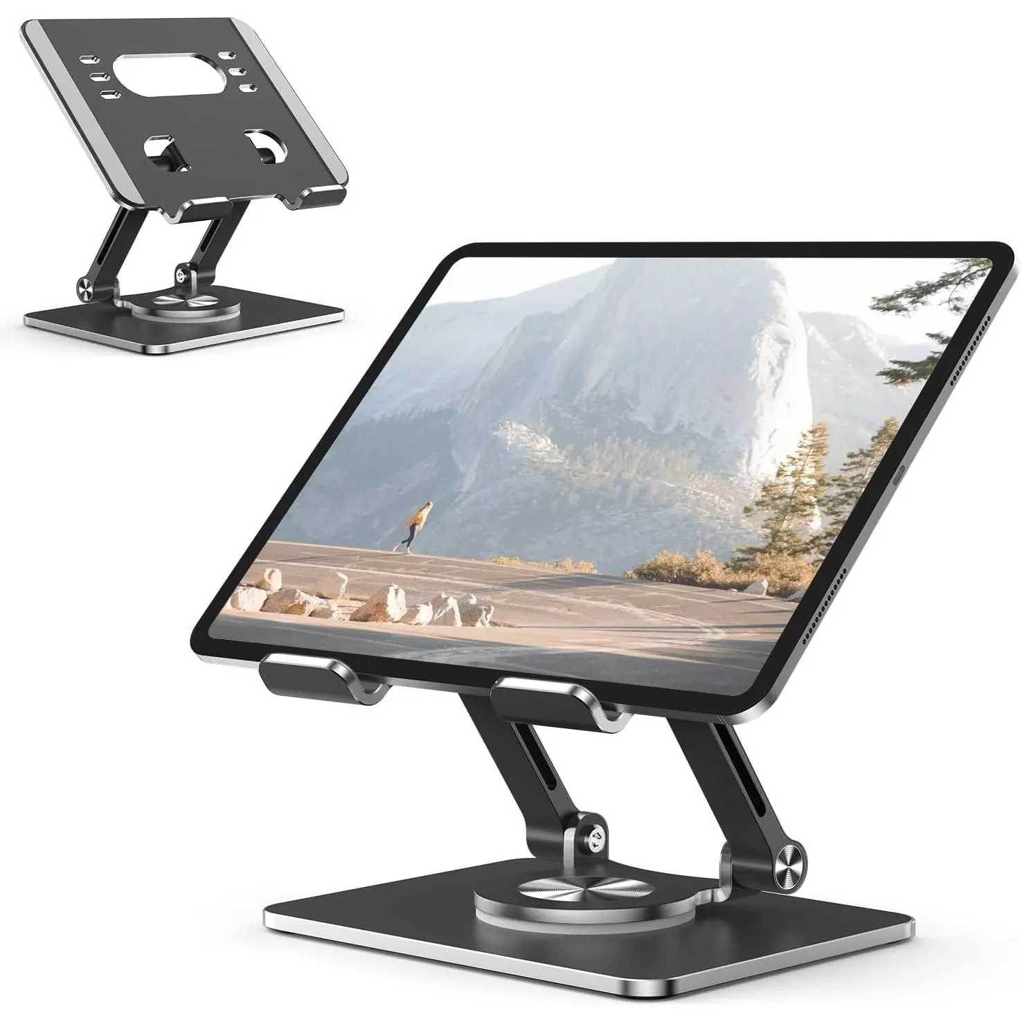 X-CPS12 Tablet Stand Holder with Thickened 360°Rotating Base Dual Rod Adjustable Aluminum Stand for All 5.8-12.9” iPad Samsung Phone Tablet Kindle E-Reader and More, Black