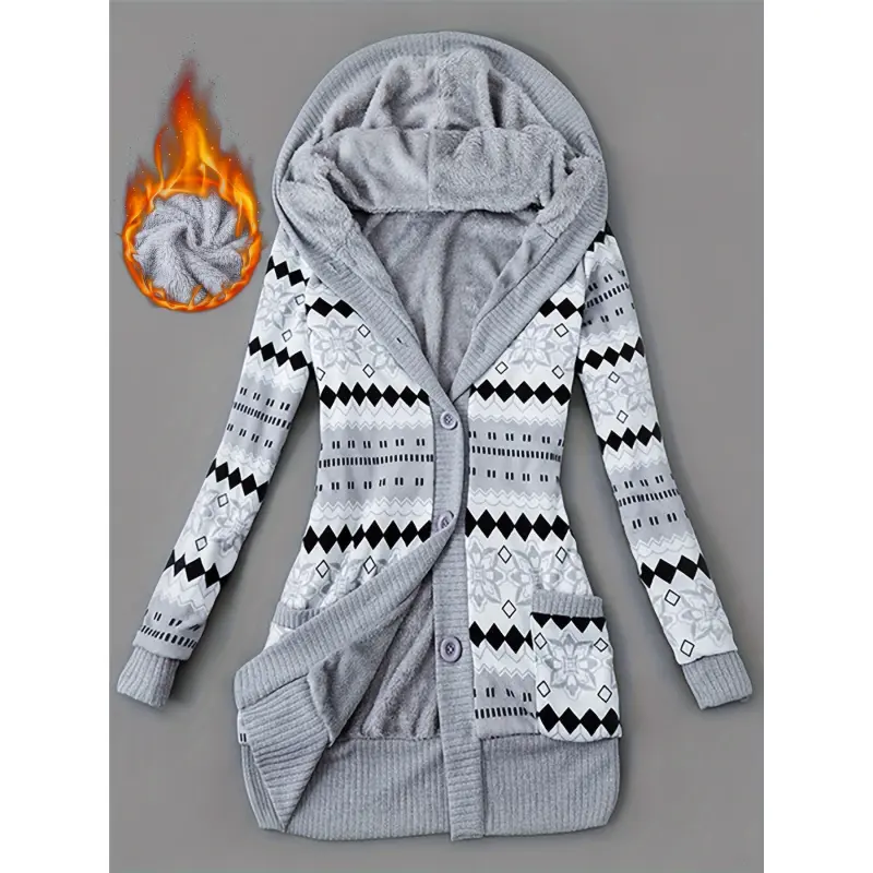 Women's Hooded Sweater Jacket - Polyester Mid-Length Soft-Lined Casual Outerwear with Geometric Pattern, Pockets, Long Sleeves for Winter, Women's Tops, Sweatshirts