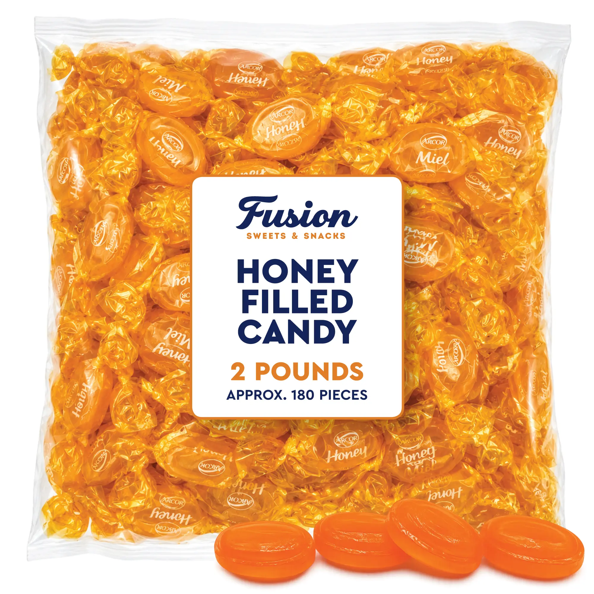 Pure Honey Filled Hard Candies - Individually Wrapped, 2 lb Bulk Bag, Soft Center Sweet Snack for Everyday Enjoyment, All Ages, Pantry Cupboard Staple