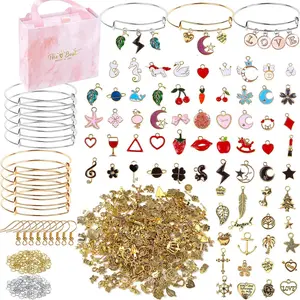 Cute Zinc Alloy DIY Beading Kit, Jewelry Making Kit Including 10pcs Mixed Color Blank Bracelets & 40pcs Mixed Style Pendants & 100pcs Open Rings & 20pcs Ear Hooks & 1 Count Gift Box, Beads Charms Accessories