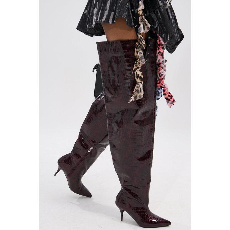 AZALEA WANG HALINA BURGUNDY CROC STILETTO BOOT