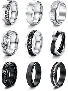 Cool 9 Pcs Silvery Black Thumb Rings Stainless Steel Spinner Rings for Men Women Matte Finish Polished Band Rings Chain Celtic Bottle Open Rings Wedding Engagement Promise Rings Chunky Band Rings